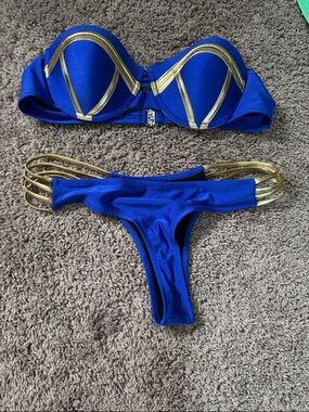 Zaful Blue Bikini Set with Gold Trim